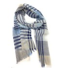 90% Wool 10% Cashmere Lightweight Oversized Scarf - Blue & White Check - V3